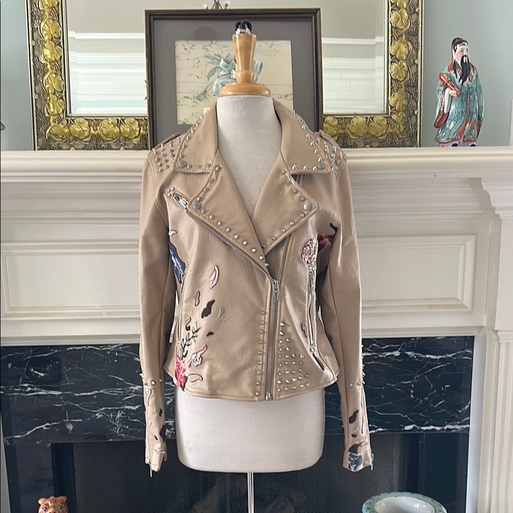 Studded Embroidered Beige Women's Vegan Leather Jacket